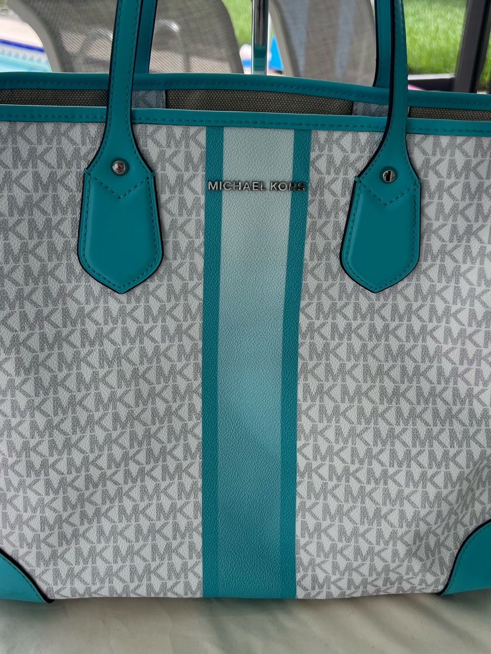 Michael Kors Turquoise Stripe MK EVA Signature Tote - Picture 7 of 8
